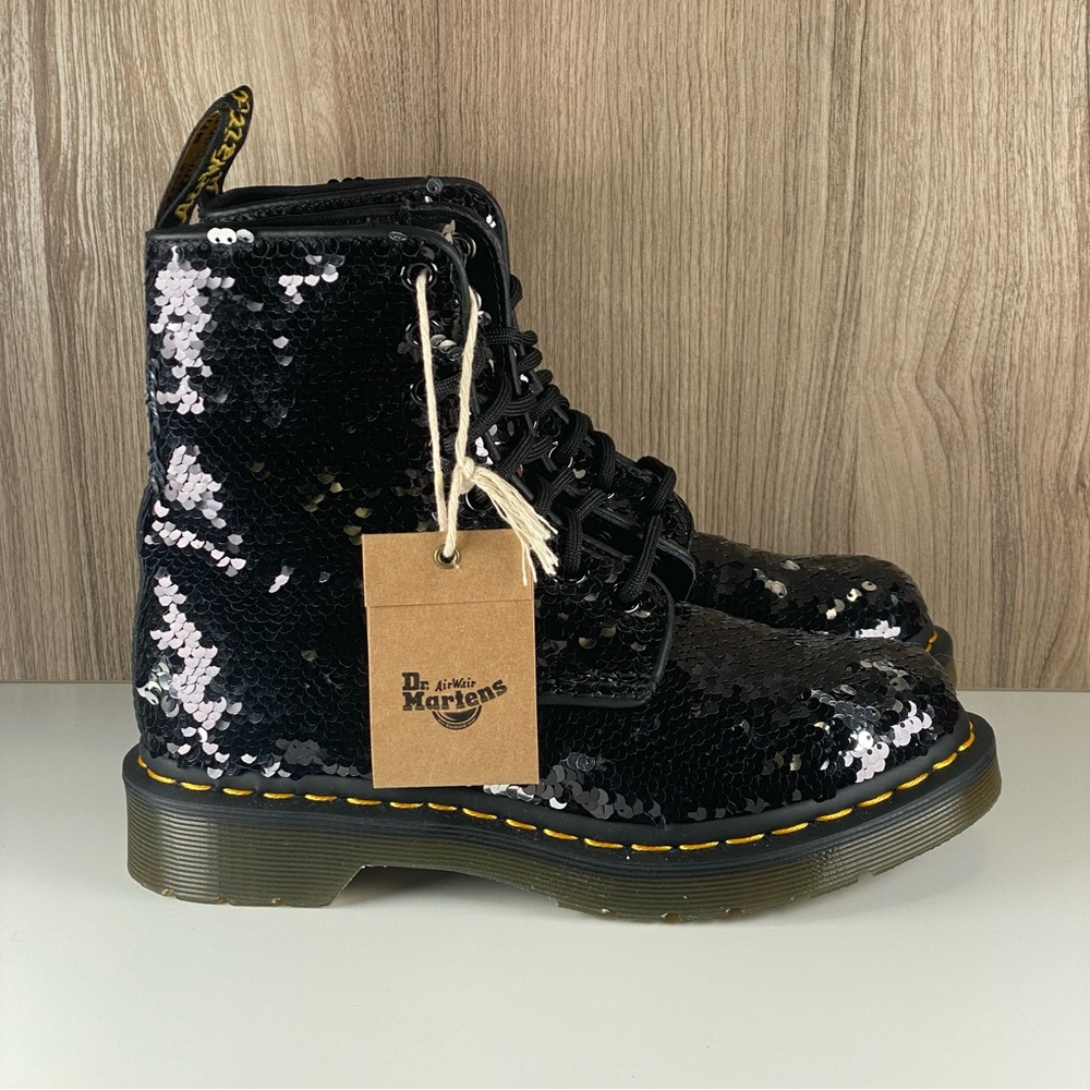 Dr. Martens 1460 Pascal Combat Sequin Black/Silver Reversible Boots Wmns Size 5